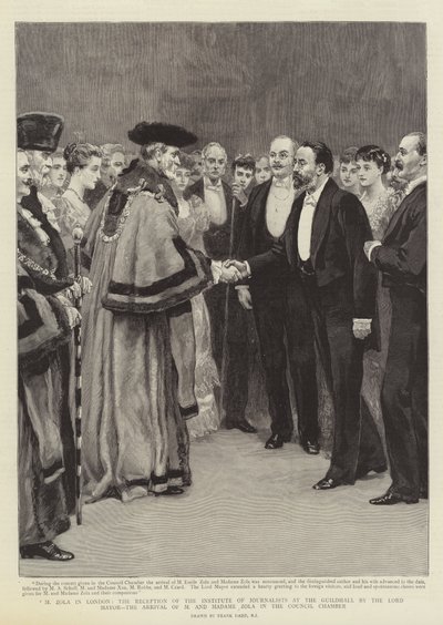 M Zola in Londen, de ontvangst van het Instituut van Journalisten in de Guildhall door de Lord Mayor, de aankomst van M en Madame Zola in de Raadzaal door Frank Dadd