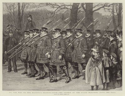 Op weg naar de ontvangstkamer van Hare Majesteit, de Yeomen of the Guard marcheren door de Mall door Frank Dadd