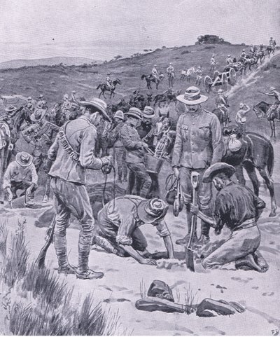 Zoeken naar water, uit Na Pretoria: De Guerrillaoorlog gepubliceerd door Harmsworth Bros Limited, 1901 door Frank Dadd