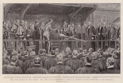 Het eerbetoon van de stad aan de Sirdar, de burgemeester die een erezwaard overhandigt aan Lord Kitchener in de Guildhall door Frank Dadd