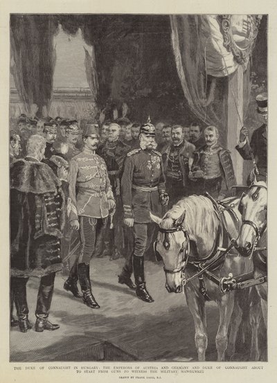 De hertog van Connaught in Hongarije, de keizers van Oostenrijk en Duitsland en de hertog van Connaught op het punt om te vertrekken van Guns om de militaire manoeuvres te aanschouwen door Frank Dadd