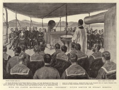 Met Sir Claude MacDonald op H.M.S. Endymion, Godsdienstoefening op Zondagochtend door Frank Dadd