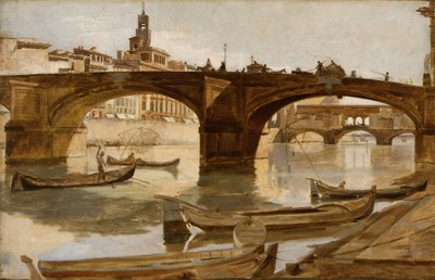 De bruggen: Florence, ca. 1880 (olieverf op doek op gelamineerd karton) door Frank Duveneck