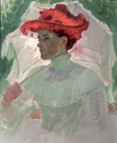 Vrouw met rode hoed en parasol door Frank Duveneck
