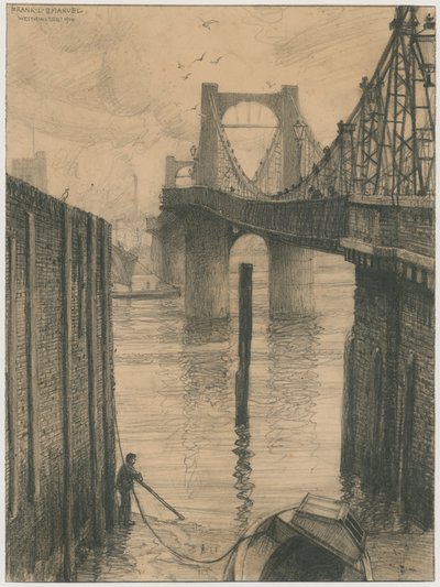 Chelsea hangbrug (gravure) door Frank Lewis Emanuel