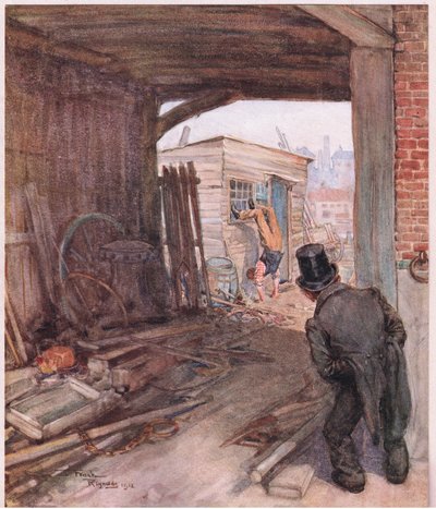Aangekomen op zijn bestemming, het eerste object dat hij zag was een paar zeer onvolledig geschoeide voeten in de lucht, ca. 1920 door Frank Reynolds