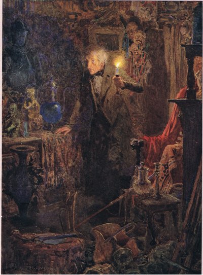 Hij was een kleine oude man, met lang grijs haar, wiens gezicht en figuur, terwijl hij het licht boven zijn hoofd hield en voor zich uit keek, ca. 1920 door Frank Reynolds
