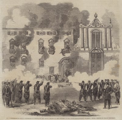 De Revolutie in Sicilië, Bloedbad van Mensen door de Koninklijke Troepen in het Klooster van de Witte Benedictijnen, Palermo door Frank Vizetelly