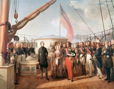 Interview tussen Victoria, Koningin van Engeland en Louis-Philipp, Koning van Frankrijk, aan boord van het jacht Victoria en Albert, voor de kust van Treport, 2 september 1843 (Detail Schilderij) door François Auguste Biard