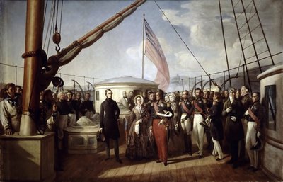 Koningin Victoria ontving koning Louis Philippe I aan boord van het koninklijke jacht door François Auguste Biard