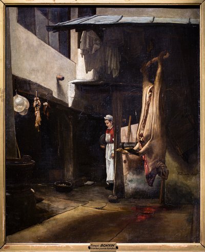Het varken of het interieur van een werf met een gevild varken door François Bonvin