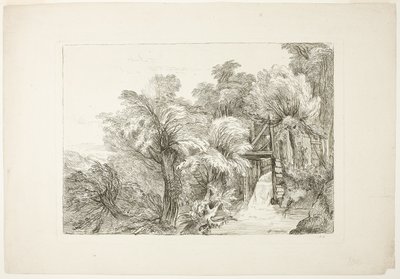 Een molenslot te midden van wilgen, plaat 97 uit figuren van verschillende karakters, landschappen en natuurstudies door François Boucher