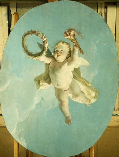 Een putto in vlucht met een krans en een fakkel door François Boucher