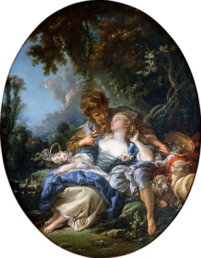 Een herder en een herderin in een bosrijk landschap door François Boucher