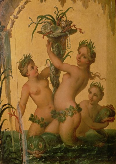Detail van sirenen met een hoorn des overvloeds van de staatskoets van Peter de Grote, ca. 1724 door François Boucher