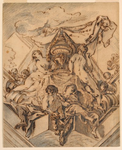 Tekening, Project voor een hoekmotief van een geschilderd plafond, 1740 door François Boucher