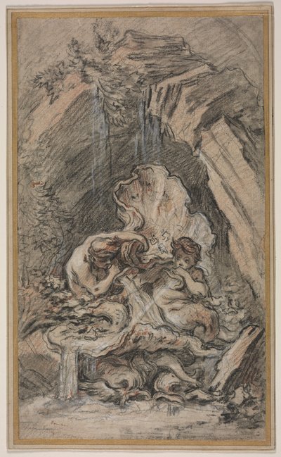 Fontein met Twee Tritons die Schelphoorns Blazen door François Boucher