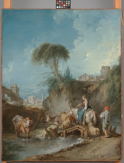 Landschap met Afgelegen Gebouwen en een Herderin door François Boucher