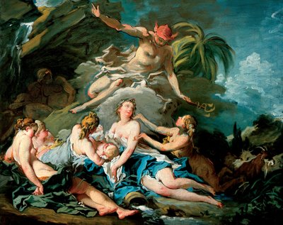 Mercurius vertrouwt de baby Bacchus toe aan de Nimfen van Nysa door François Boucher