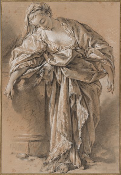 Studie van een gedrapeerde vrouw leunend op een voetstuk door François Boucher