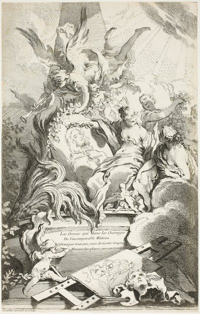 De Gratiën op het graf van Watteau door François Boucher