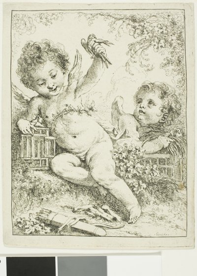 Twee Putti met een Vogel door François Boucher
