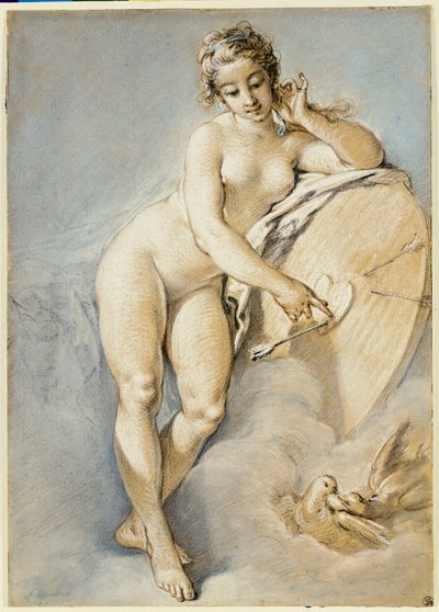 Venus staand, wijzend naar een hart op een doelwit met twee duiven, 1754 door François Boucher