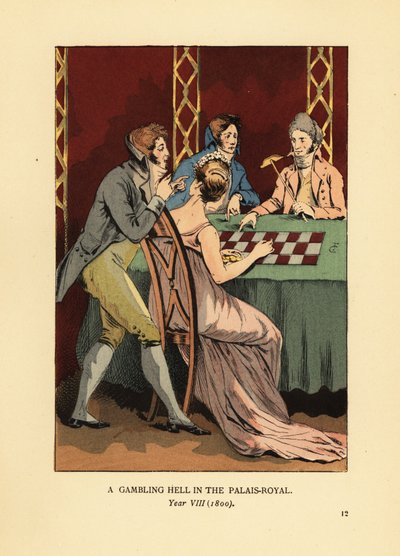 Modieuze Incroyables in hoogkraagjassen aan een goktafel met jonge vrouw en croupier. Een gokhel in het Palais Royal, Jaar VIII door François Courboin