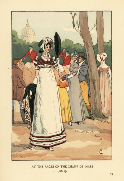 Modieuze vrouw bij de paardenraces op de Champ de Mars door François Courboin