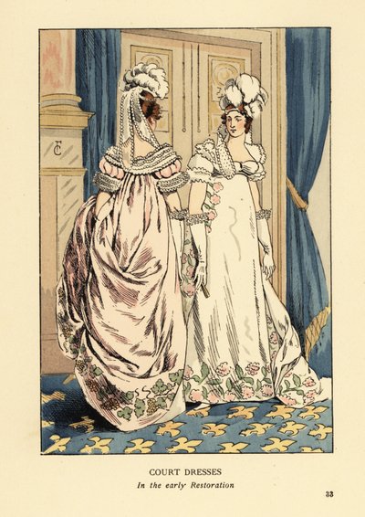 Vrouwen met veren hoofdtooien en luxueuze geborduurde jurken, hof van Koning Lodewijk XVIII, circa 1817. Interieur met blauwe gordijnen en fleur de lys tapijt. Hofjurken in de vroege Restauratie, Parijs. Handgekleurde lithografie door R.V. naar een illustr door François Courboin