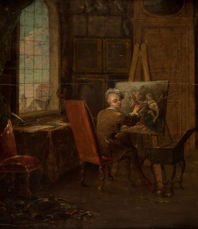 Zelfportret van de kunstenaar in zijn atelier, met een mahl-stok in de hand door Francois Eisen