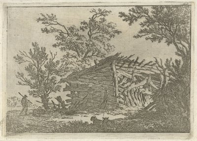 Landschap met een vervallen boerenschuur door François Joseph Pfeiffer (II)