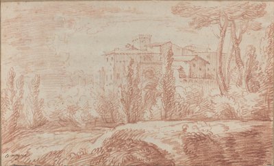 Een Italiaanse ommuurde stad gezien door bomen door François Le Moyne