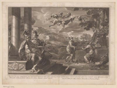 Zittende personificaties van Genie en Filosofie met nimfen die rozen planten door François Spierre