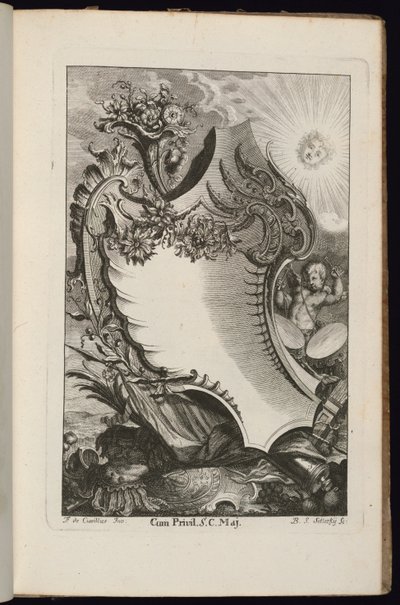 Cartouche met Hoorn des Overvloeds en Zon, Livre de Cartouches Irréguliers (Boek van Onregelmatige Cartouches) door François de Cuvilliés the Elder