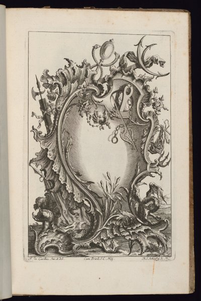 Cartouche met Mercuriusstaf, Livre de Cartouches Irréguliers (Boek van Onregelmatige Cartouches) door François de Cuvilliés the Elder