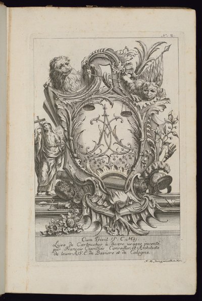 Cartouche met twee leeuwen en een cijfer, Livre de Cartouches à divers usages (Boek van cartouches voor verschillende toepassingen) door François de Cuvilliés the Elder