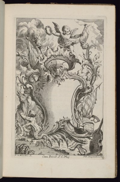 Cartouche met een Genius, Livre de Cartouches à divers usages (Boek van Cartouches voor Verschillende Gebruiken) door François de Cuvilliés the Elder