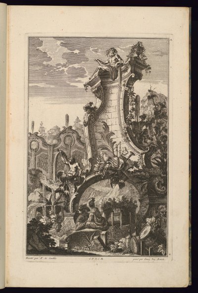 Ontwerp voor fontein met trofee van muziekinstrumenten door François de Cuvilliés the Elder