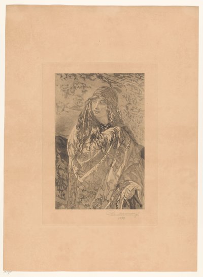 Jonge vrouw met gebloemde omslagdoek door François de Meersman (signed by artist)