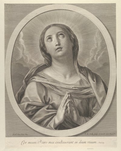 De Maagd in gebed, kijkend omhoog met wolken achter haar, in een ovaal frame, naar Reni door François de Poilly