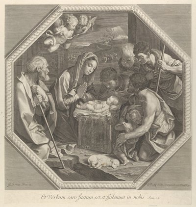 De aanbidding van de herders die samen knielen voor het kind Christus door François de Poilly