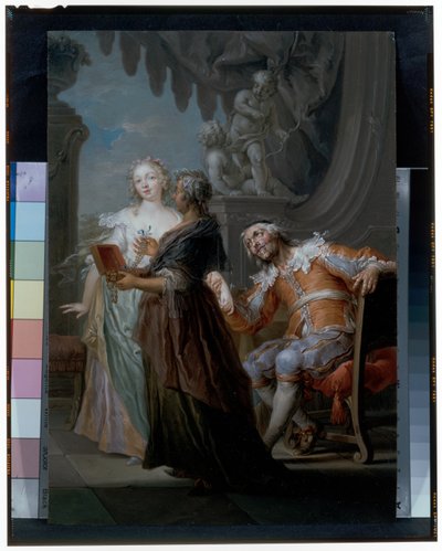 Een elegant paar met een oude meid in een interieur door Frans Christoph Janneck