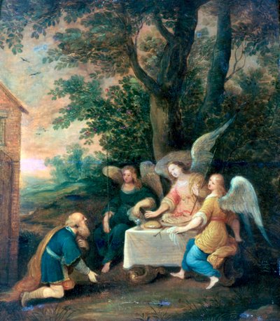 Abraham knielt voor drie engelen door Frans Francken II
