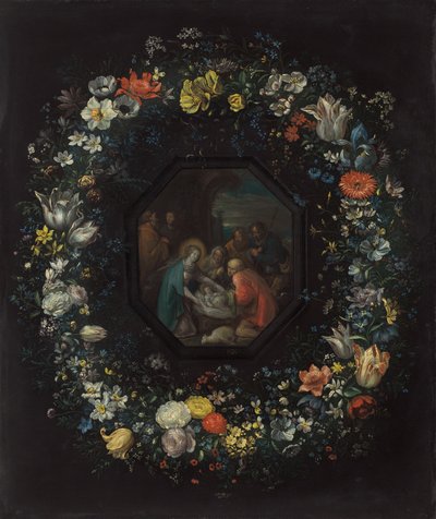 Guirlande van Bloemen met Aanbidding van de Herders door Frans Francken the Younger and Master HDB