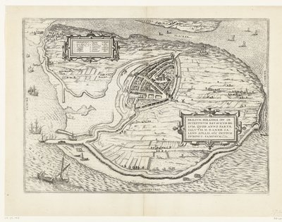 Kaart van het eiland Voorne en plattegrond van Brielle, 1572 door Frans Hogenberg