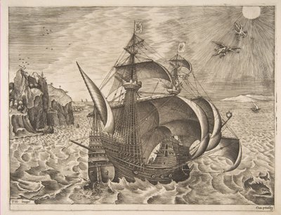Gewapende driemaster met Daedalus en Icarus in de lucht uit De Zeilschepen, 1561-65 door Frans Huys
