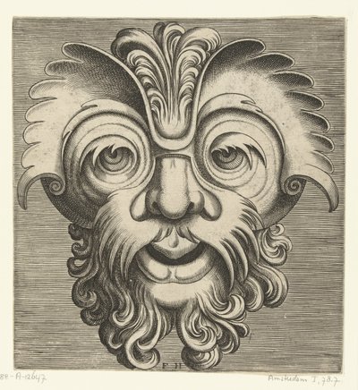 Masker met baard en snor met krullen, een toef krullen rust op de neuswortel door Frans Huys