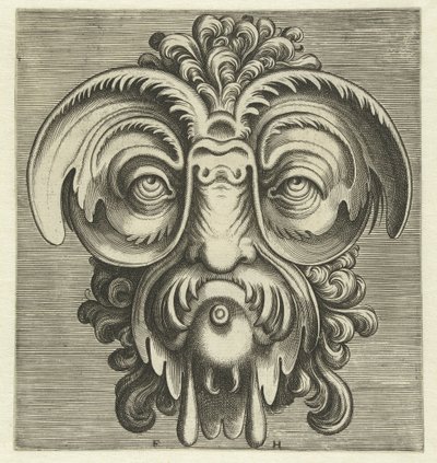 Masker met schotels rond de ogen en een toef krullen op het hoofd (Pourtraicture ingenieuse de plusieurs facons de masques) door Frans Huys