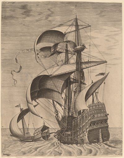 Gewapende Drie-Master op de Open Zee, Vergezeld door een Galerij door Frans Huys after Pieter Bruegel the Elder